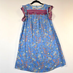 THML Blue Floral Smocked Yoke Dress Boho Flutter Sleeve Viscose Size XS